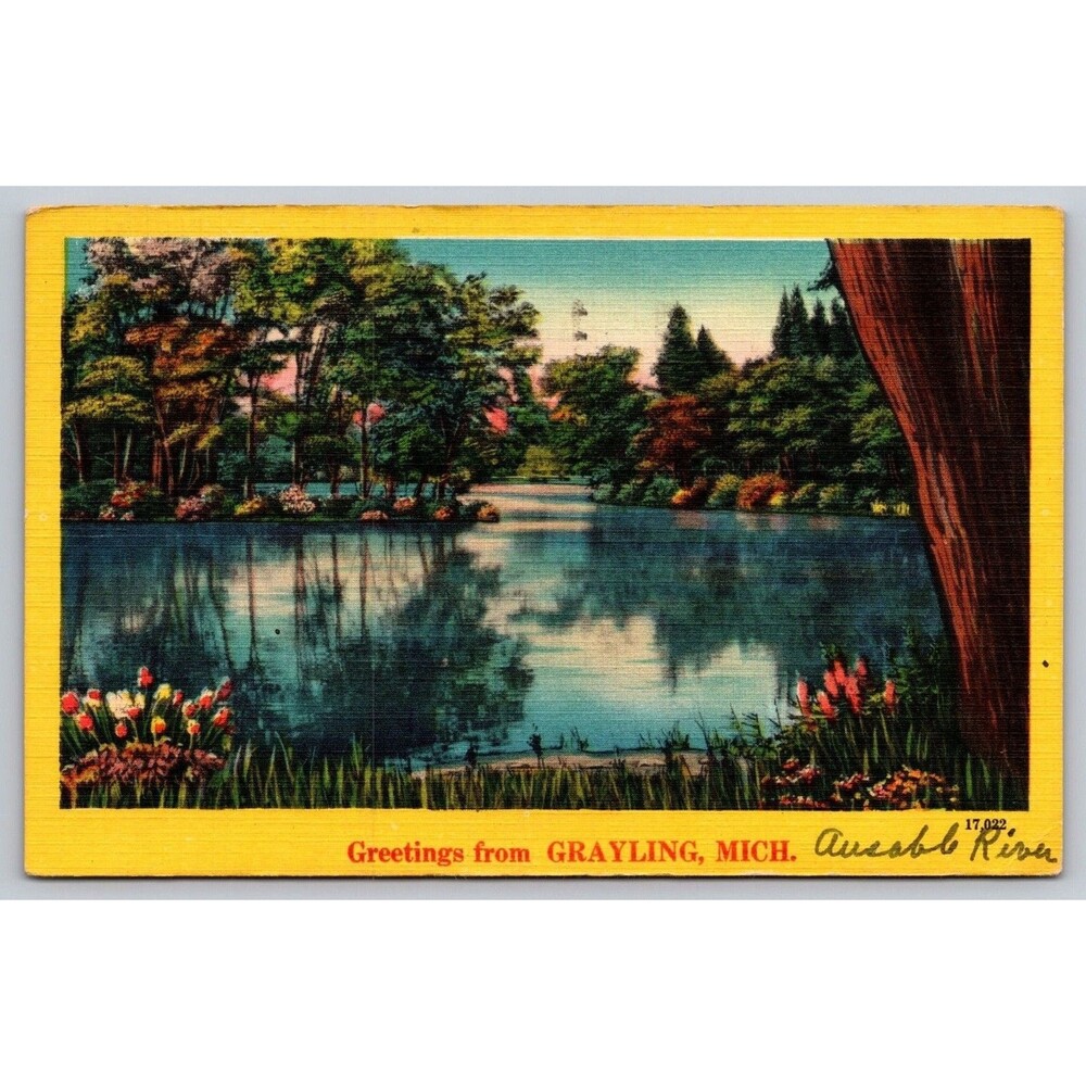 Vintage 1951 Grayling Michigan Postcard AuSable River Linen Greetings Postmark